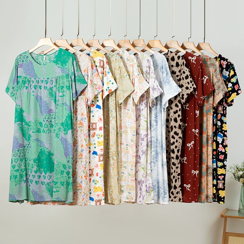 Cotton Silk Sleep Dress for Women, Summer Thin Short Sleeve Dress, Sweet Loose Rayon Plus Size Pajamas, Spring and Autumn Homewear