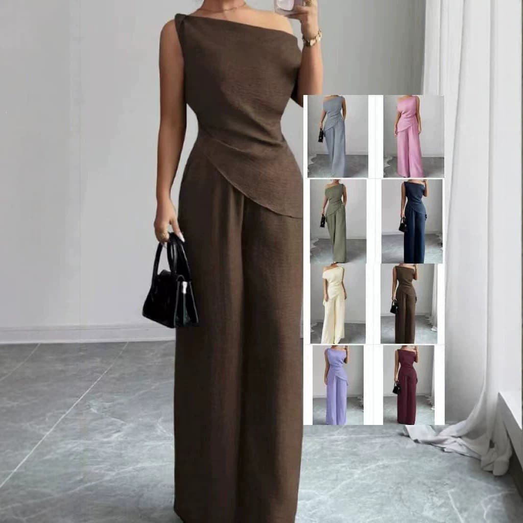 2026 New Cross-Border EU/US Amazon Fashion Off-Shoulder Sleeveless Solid Color Wide-Leg Pants Set Trendy Two-Piece Outfit