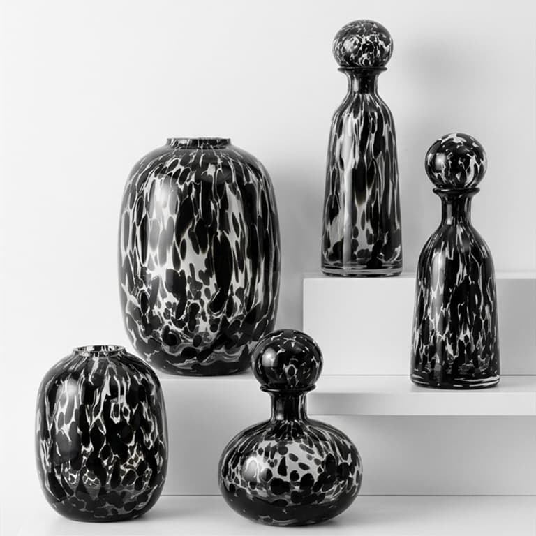 Luxury Semi-Transparent Black Dot Glass Vase, Large Round Narrow Mouth Flower Arrangement Vessel for Sample Room Decoration