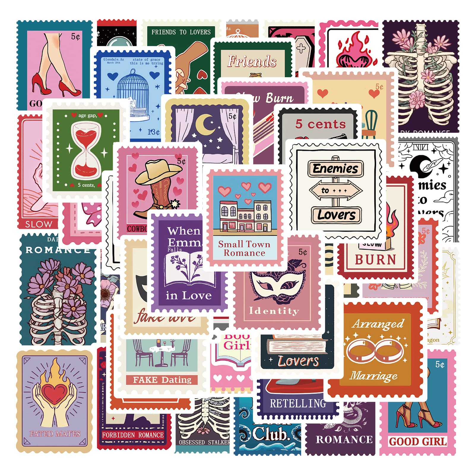 50 Retro Book Trope Stamp Stickers, Waterproof DIY Journal Guitar Cup Decals