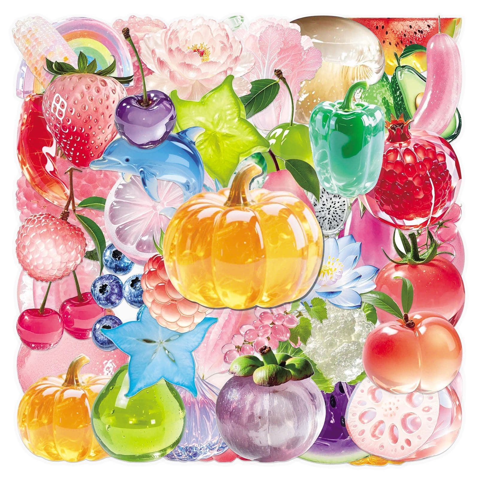 50 Transparent Fruit Food Stickers, Crystal Clear Creative Pet Waterproof Decorative Stickers for Guka Tablet Water Cup
