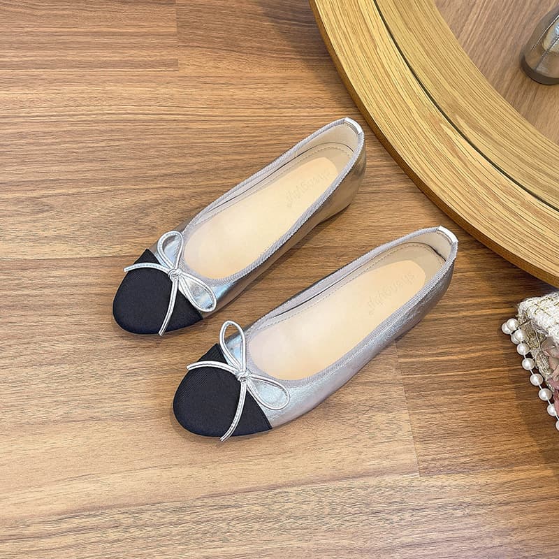 In Stock Little Fragrance Bow Ballet Flats Commuter Workplace Versatile Color-Block Inner Height Increase Flat Shoes Women's Shoes
