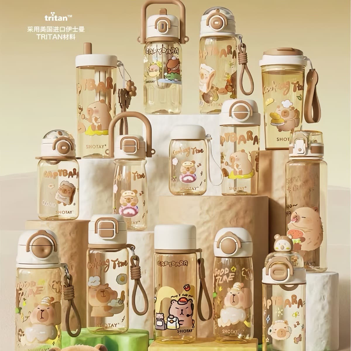 Cute Kapibara straw cup for boys and girls, high-looking tritan material plastic cup for school, convenient double drinking cup
