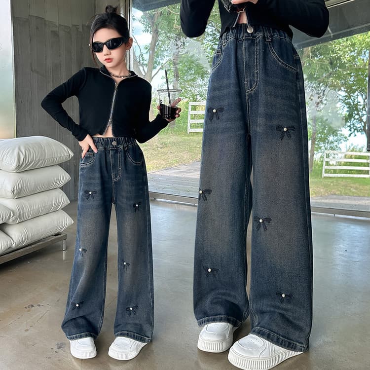 Children's Spring/Autumn Jeans for Older Kids, Loose Bowknot Wide-Leg Pants, Straight-Leg Girls' Pants, Kids' Clothing Bottoms