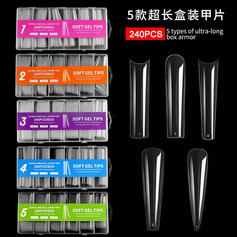 Cross-border Extra Long Water Pipe Nail Tips Fake Nails 240pcs Box Transparent Full Cover Large Size Cowboy Wholesale