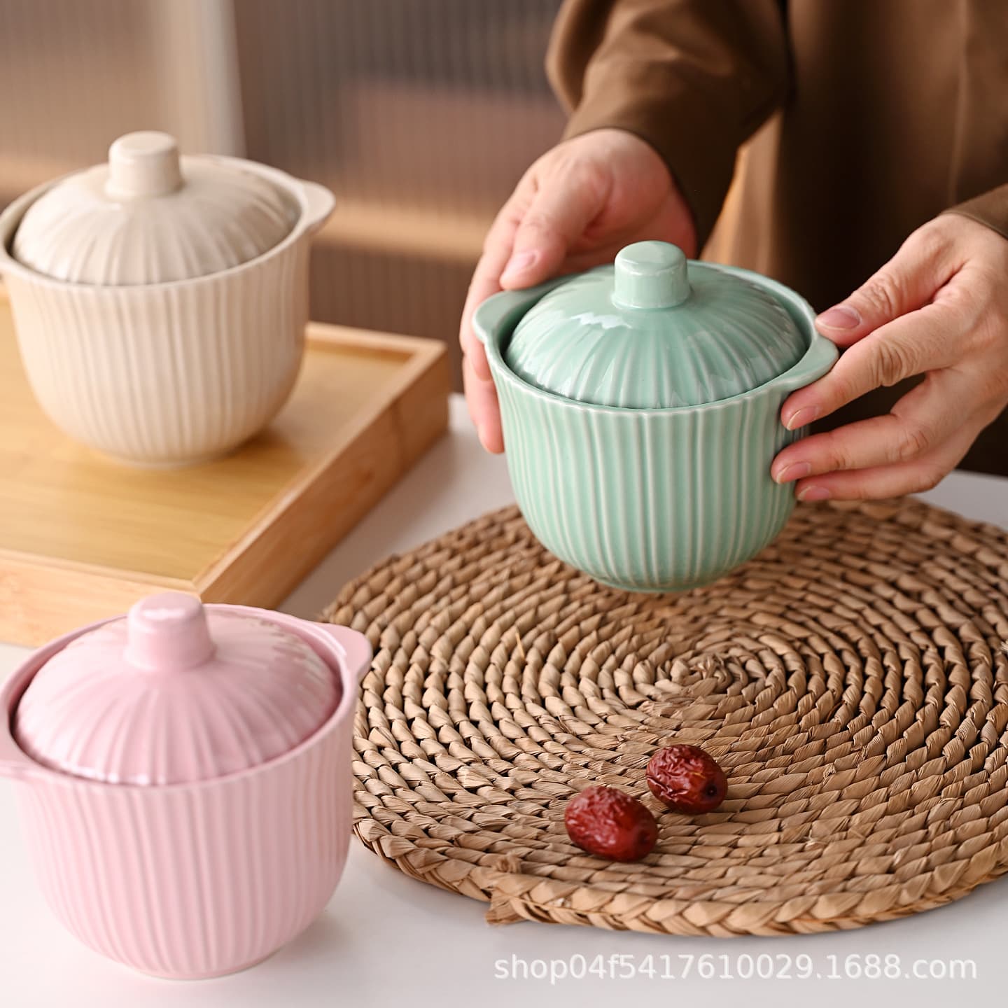 Ceramic Double-Boiling Pot with Lid for Home/Dormitory, Multi-Purpose Container for Bird's Nest, Egg Custard, Soup, and Lard Storage