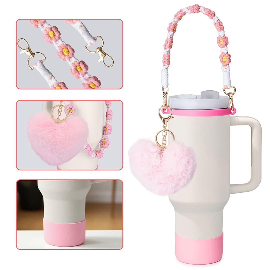 Shein Dropshipping Stanley Cup Accessories 4-Piece Set: Coaster, Cup Ring, Handle Strap, Flower Knot, Heart Pom-Pom Pendant