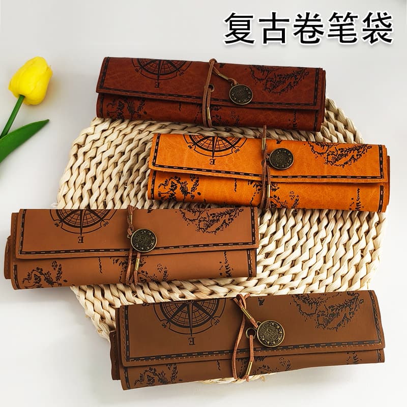 Creative treasure map storage pencil bag, retro canvas leather large-capacity pencil bag, simple pencil roller curtain for students