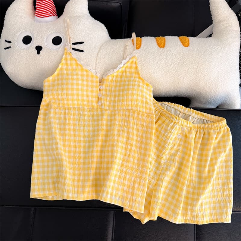Suspender shorts with padded pajamas for women summer vest cloud cotton sexy sweet home wear set yellow plaid