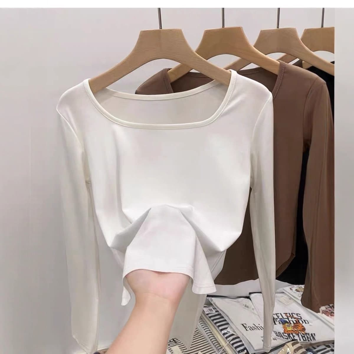 Square Neck Base Tee for Women Spring Autumn New Arrival Slim Fit Flattering Long Sleeve T-Shirt Thin Collarbone Casual Top