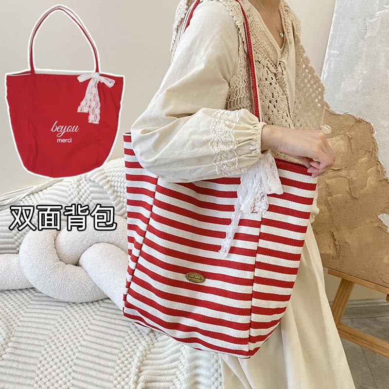 Striped Canvas Tote Bag 2024 New Korean Style Ins Tote Casual Bag Large Capacity Shoulder Bag Shopping Bag