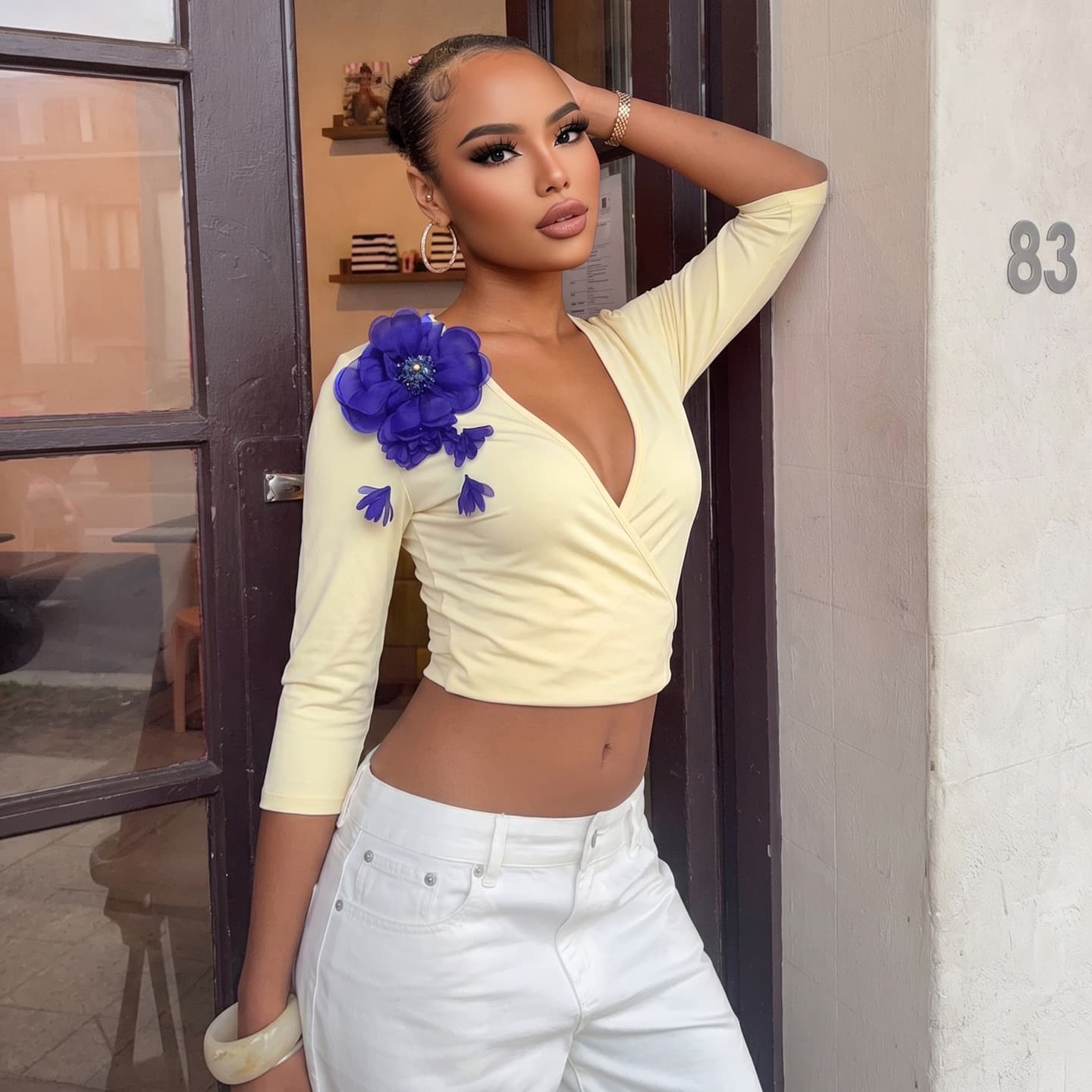 K6L09952A Cross-border European and American Style 2026 Summer New Women's Sexy V-Neck Crop Top with Floral Decoration