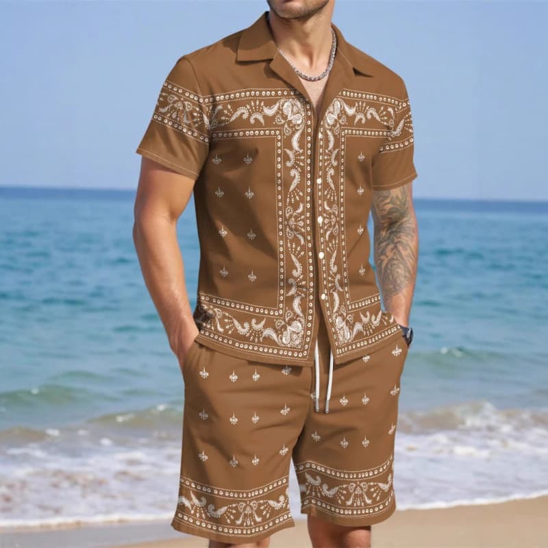 AliExpress 2025 New Casual Loose Fashion High Quality Men's Short Sleeve Cuban Collar Shirt Shorts Set