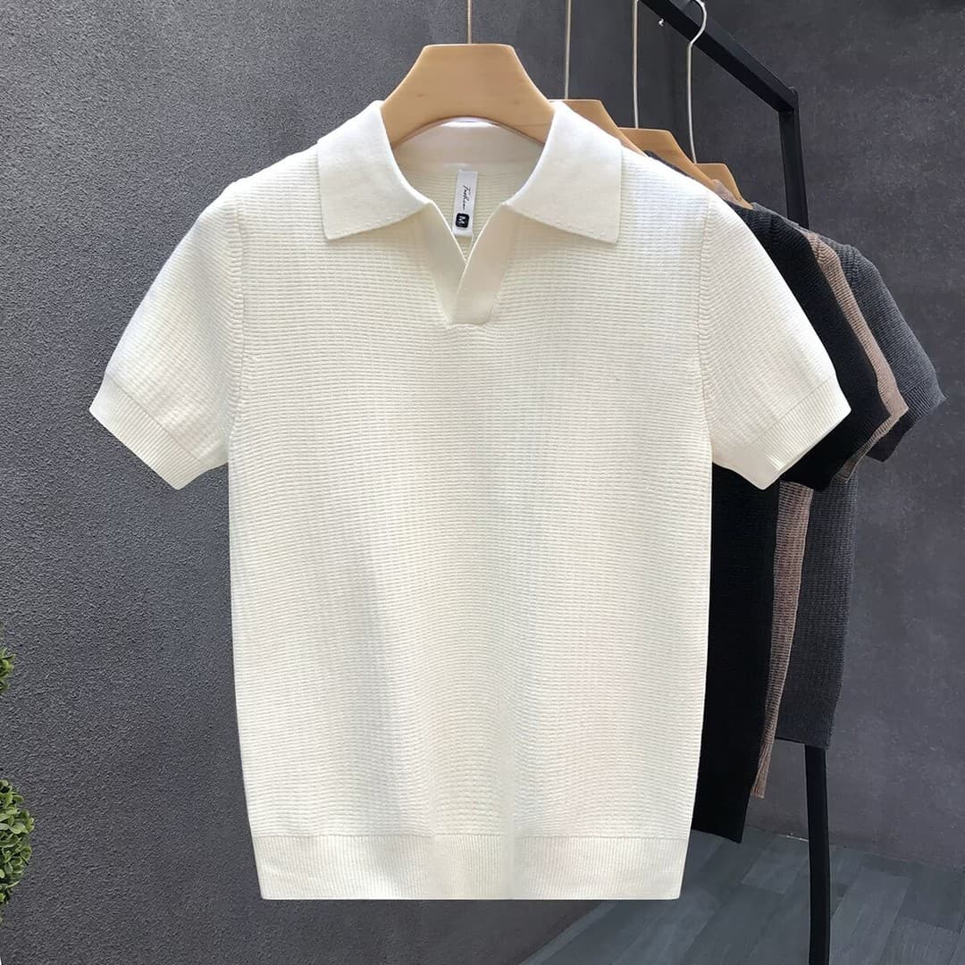 Simple Lapel Korean Style Short-Sleeve Sweater Men's Trendy Solid Color Knit Top 2025 Summer New Men's Shirt