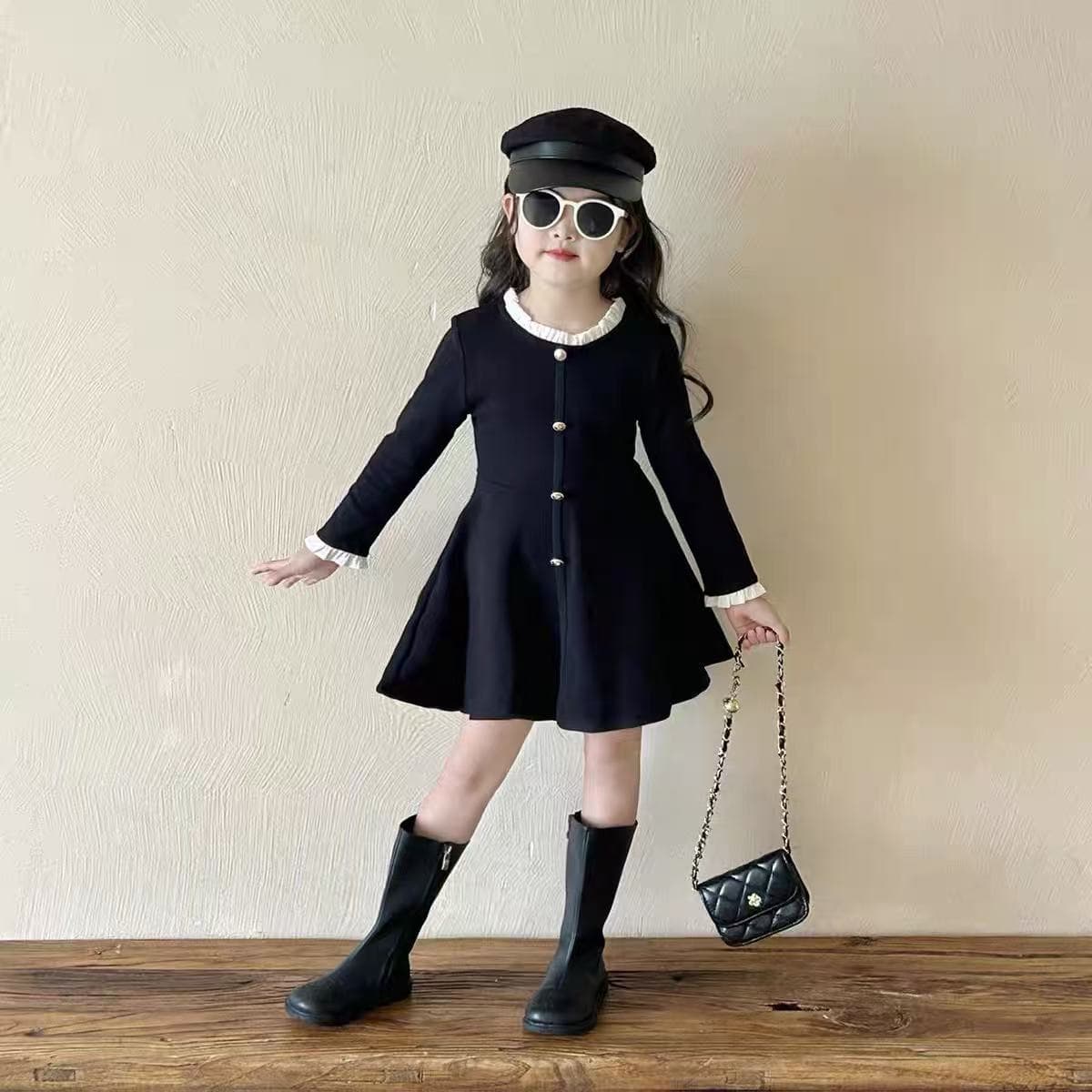 Girls Autumn Black Velvet Dress 2026 New Children Hepburn Style Long Sleeve Little Black Dress Birthday Princess Dress