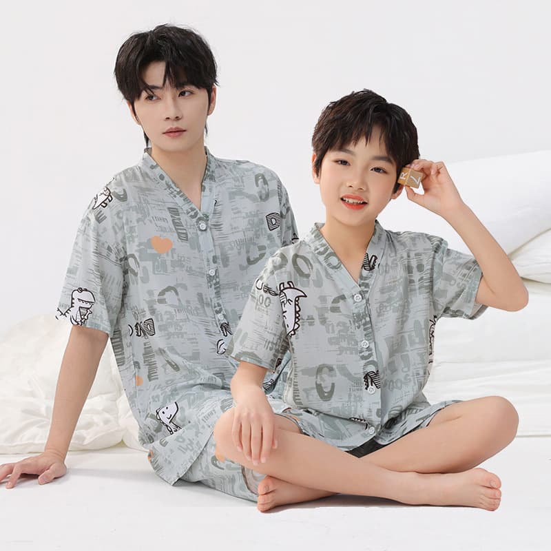 Short Sleeve Shorts Pajama Set Summer Cotton-Linen Family Matching Sleepwear for Three or Four