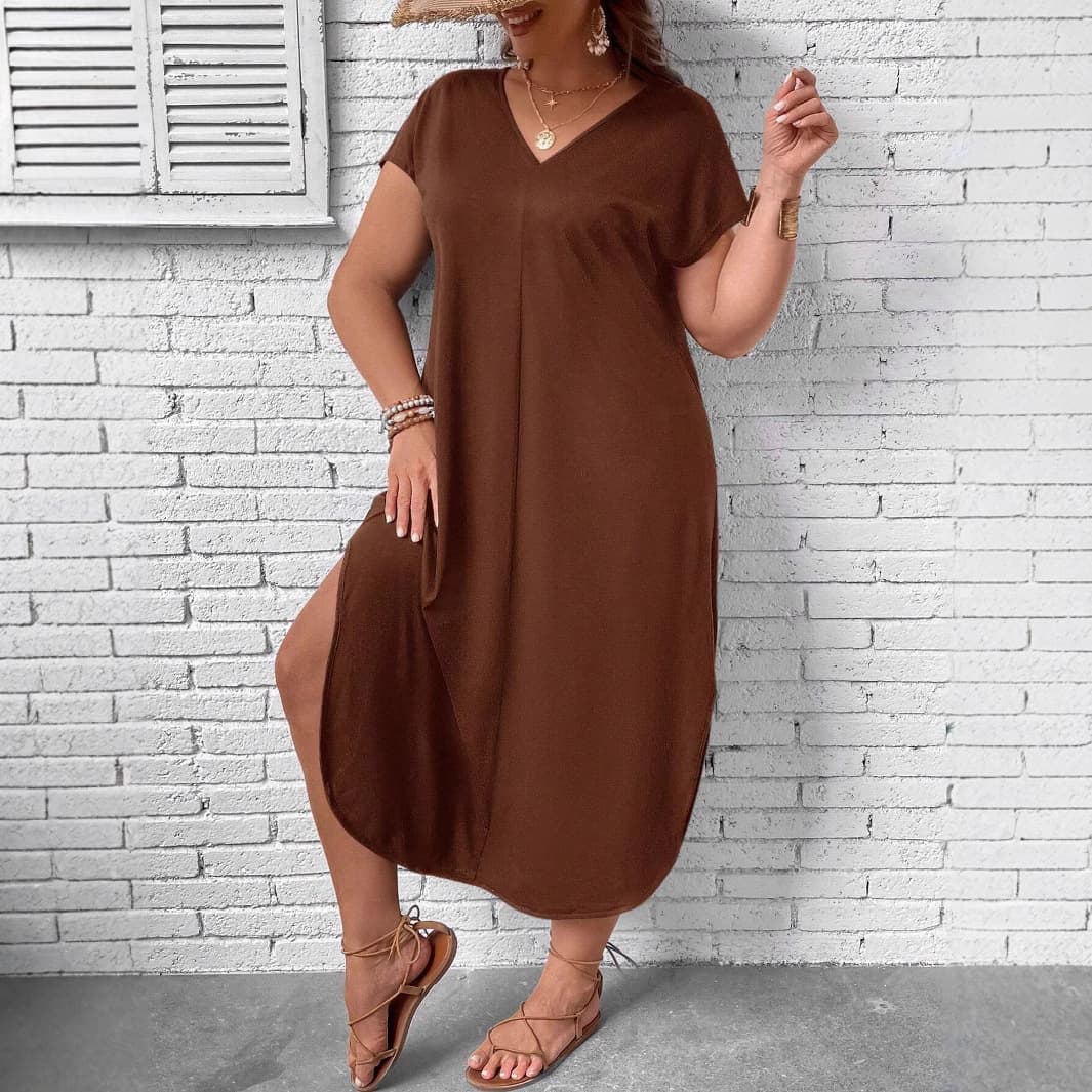 Women's Plus Size Solid Color Dress for European and American Markets, Spring and Summer Short-Sleeved Midi Dress, Cross-Border Fashion Elegant Style
