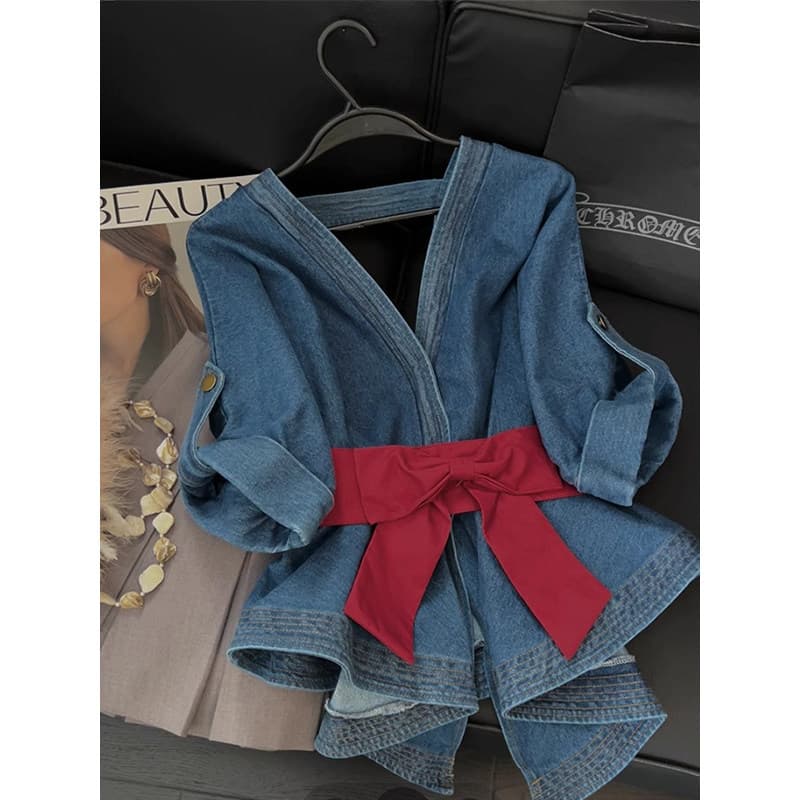 French style high-end gentle style sweet bow denim shirt 2026 early spring V-neck short jacket