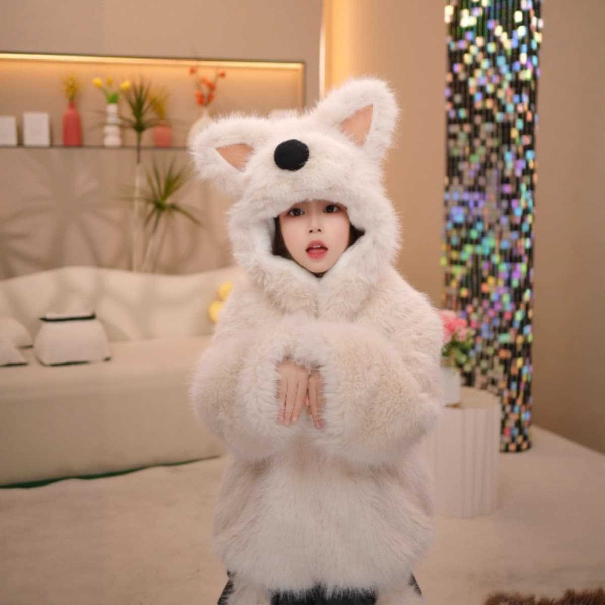 Autumn Winter Internet Celebrity Puppy West Highland Children's Hooded Fleece Thickened Jacket Plush Warm Top Fuzzy Sweater Parent-Child