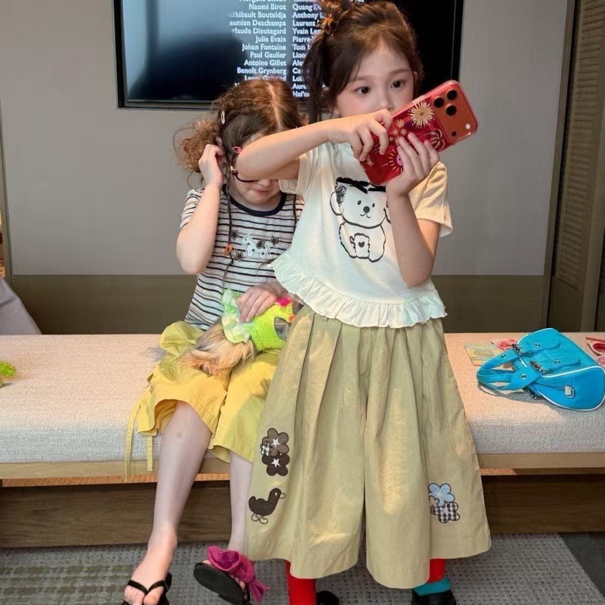 Korean children's clothing 26 new summer girls' suits children's clothing cute lace dog short-sleeved baby girl cartoon casual skirt pants