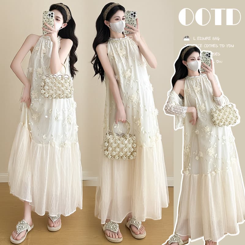 Maternity Dress 2026 Spring/Summer French Romantic 3D Floral Halter Neck Dress + Jacket Set