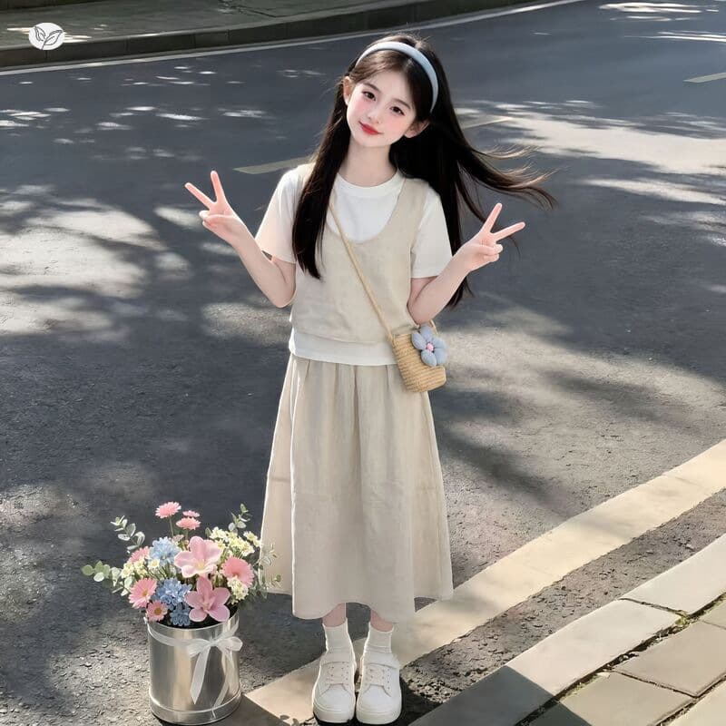 Girls Cotton Linen Set 2026 Summer New Style Middle and Older Kids Solid Vest Short Sleeve Skirt Literary Three-Piece Set