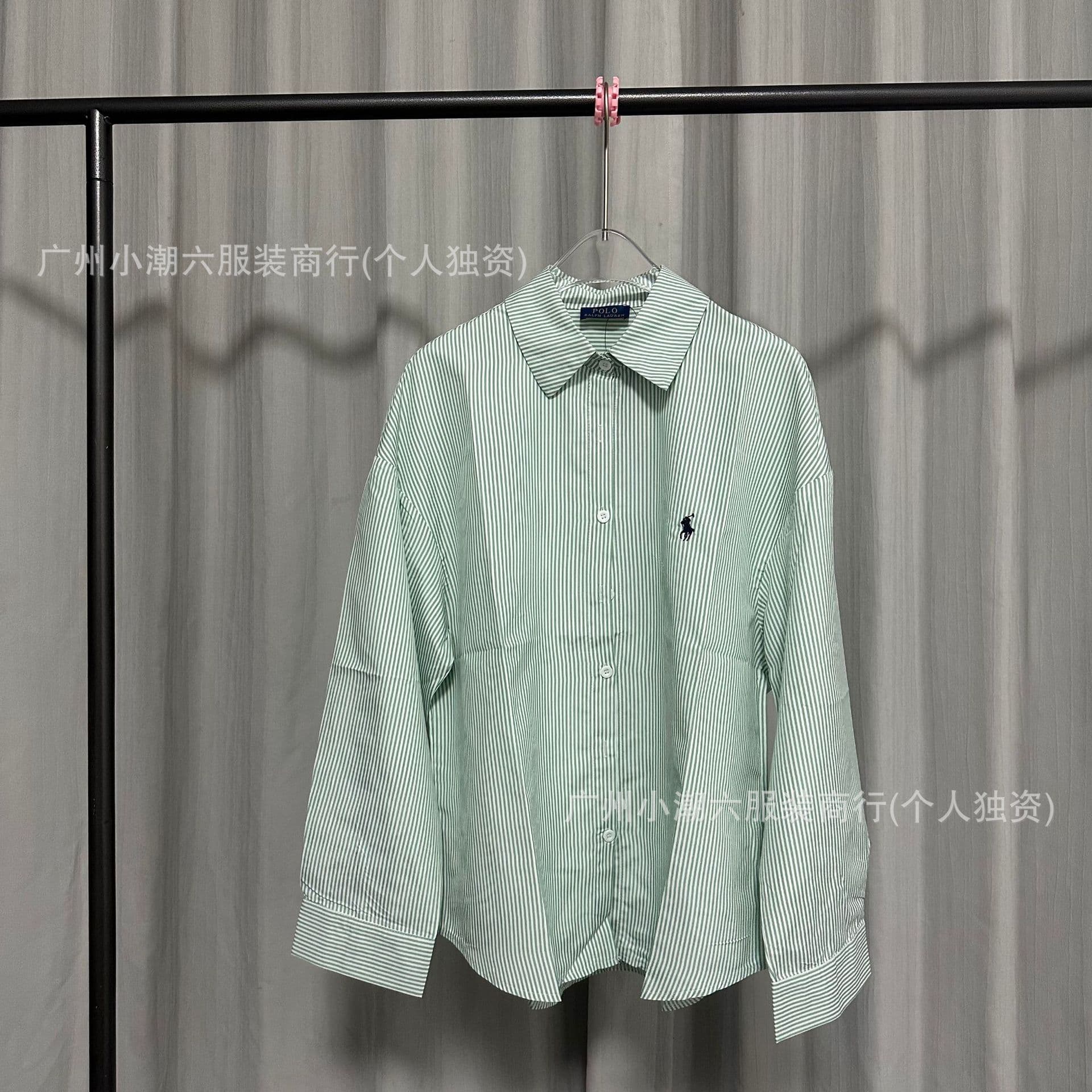 RL Tiffany Green Pony Striped Shirt with Ralph Lauren Embroidery Turn-Down Collar Jacket Unisex Commuter New Arrival