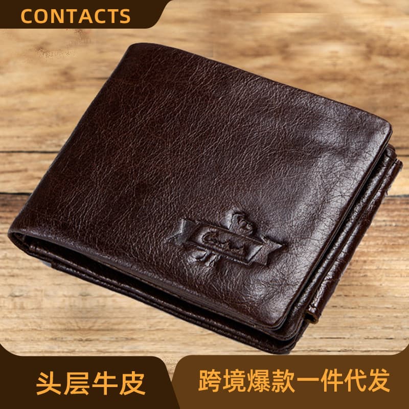 Black Angel Factory Vintage Crazy Horse Leather Tri-Fold Men's Wallet Horizontal Style Men's Wallet Cross-Border Drop Shipping