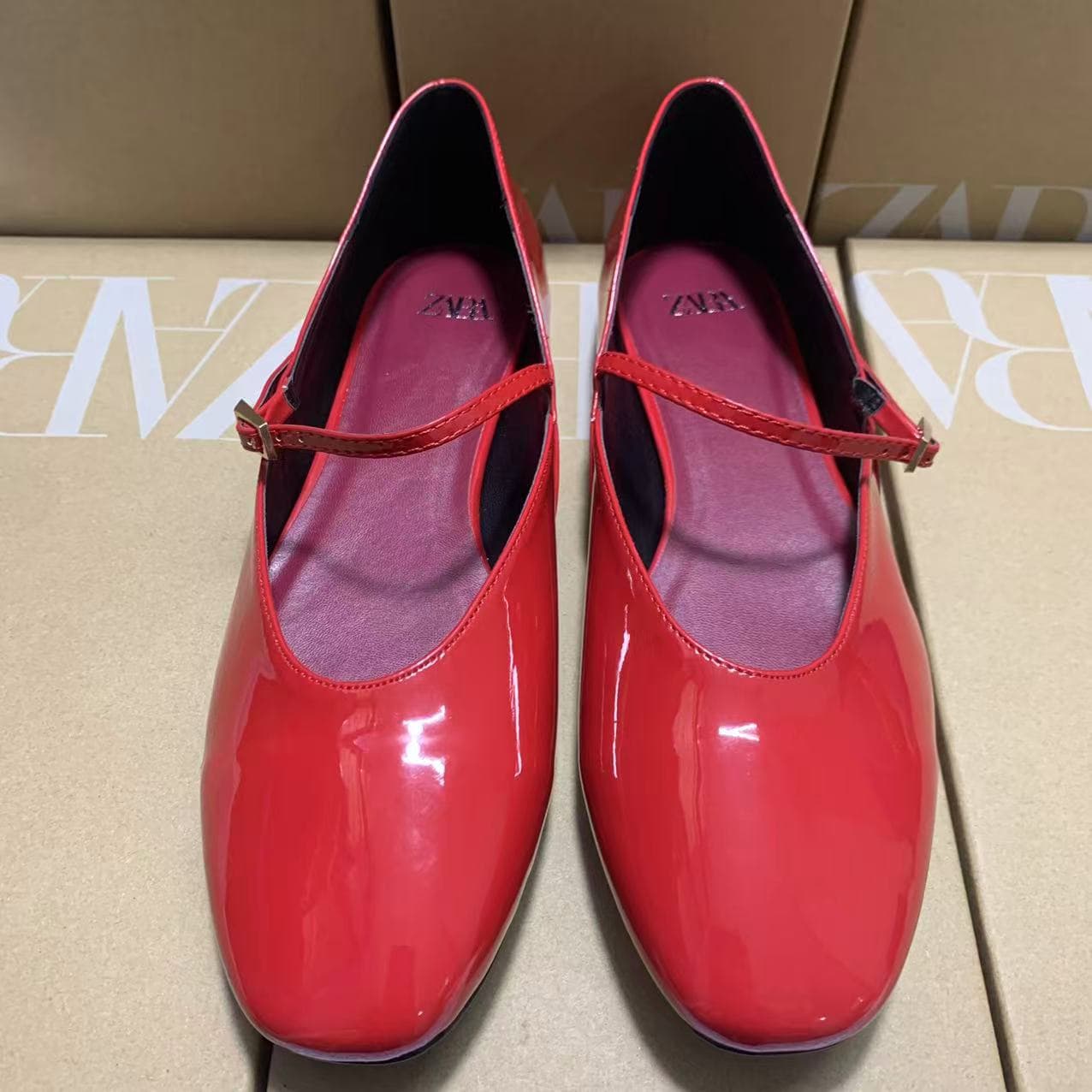 Za Brand 202Za Flat Shoes for Women, New Model in Bright Red Patent Leather Mary Jane Flat Ballet Shoes, Women's Shoes, Lolita Style