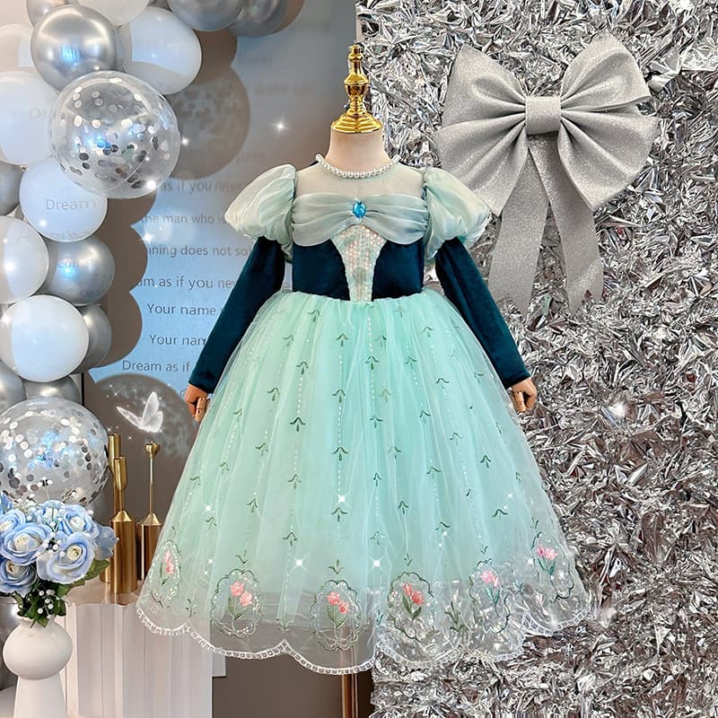 Girls Long-Sleeve Princess Dress 25 Fall/Winter Children Mesh Colorblock Velvet Gown Baby Birthday Fairy Dress