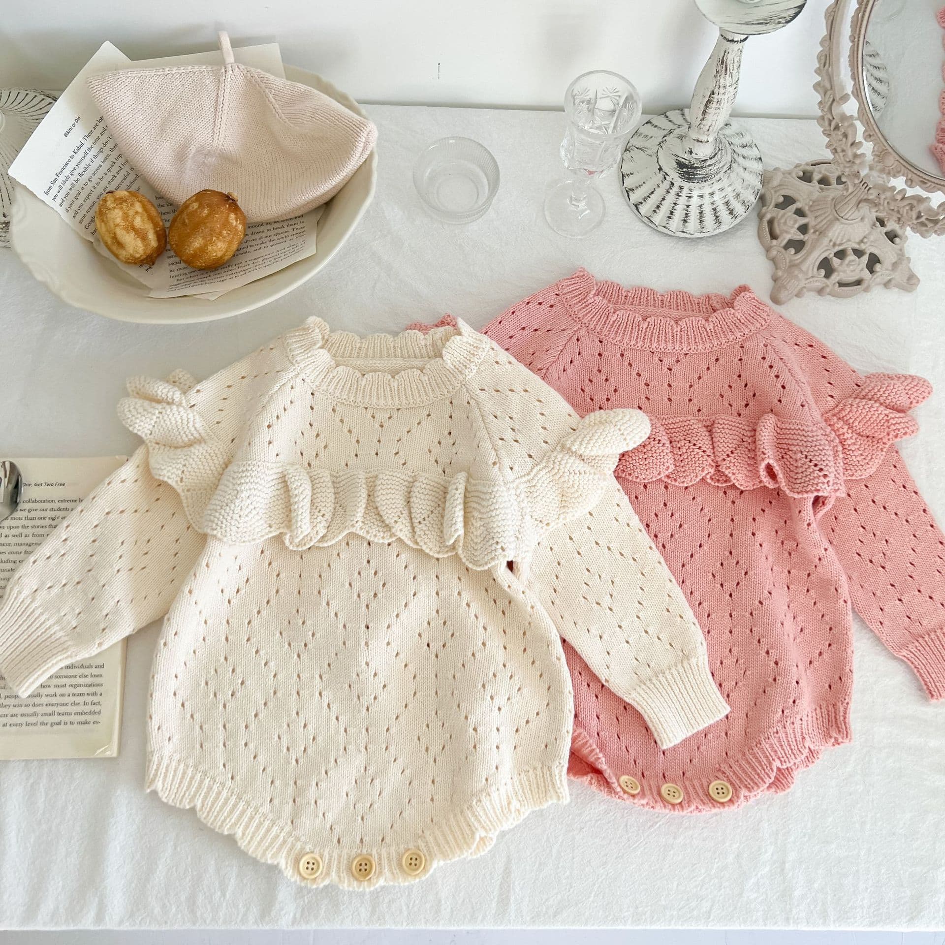 ins 2022 Autumn Baby Sweater Baby Girl's Hollow Long-Sleeved Cotton Yarn Jumpsuit Wool Climbing Suit Bag Fart Clothes