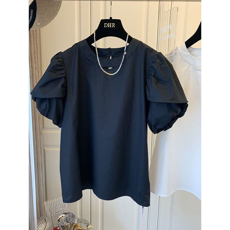 DHR French Round Neck Hollow Puff Sleeve Short Sleeve Shirt Top T-Shirt Women Loose Casual Cotton 2022 Summer