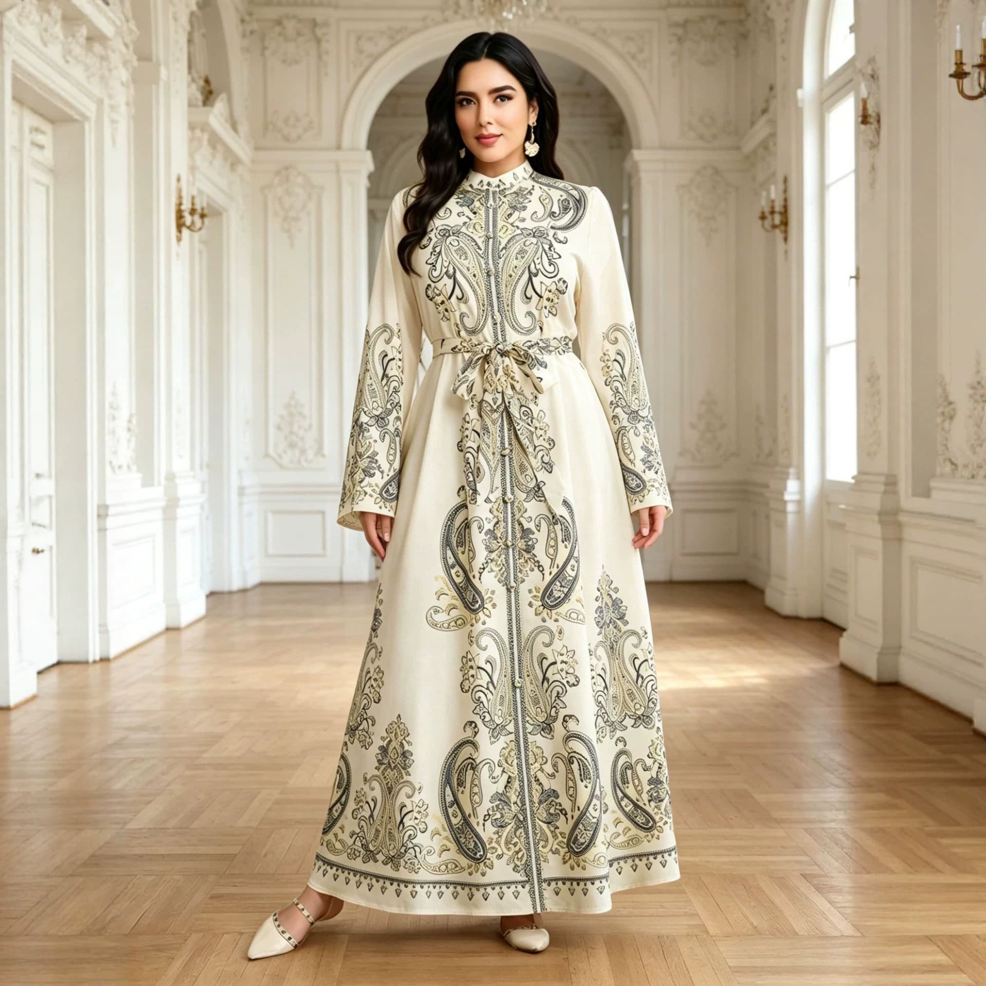 New Cross-Border Palace Style Stand Collar Printed Long Vintage Dress Abaya