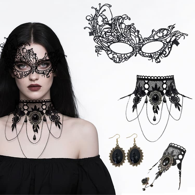 Halloween Lace Eye Mask Gloves Lace Gem Necklace Bracelet Accessories Halloween Party Sexy Costume