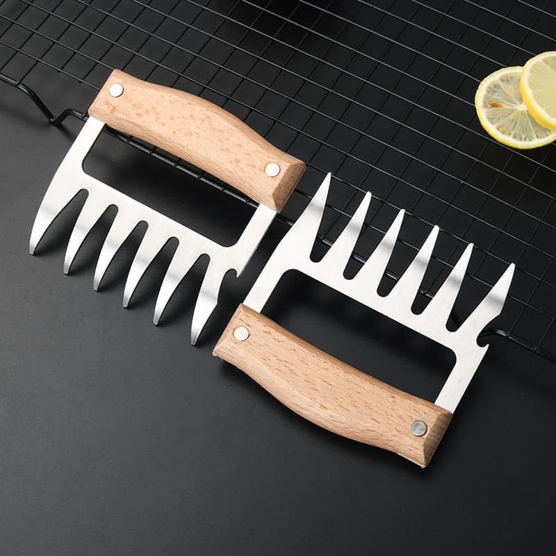 Stainless Steel Bear Claw Meat Shredder, Wooden Handle BBQ Tearing Tool, Kitchen Meat Divider, Ready Stock Cooked Food Cutter