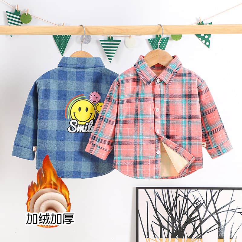 Baby Fleece Lined Thick Shirt Fall/Winter Children's Long Sleeve Shirt Base Layer Unisex Kids' Clothing Cardigan Plaid Top