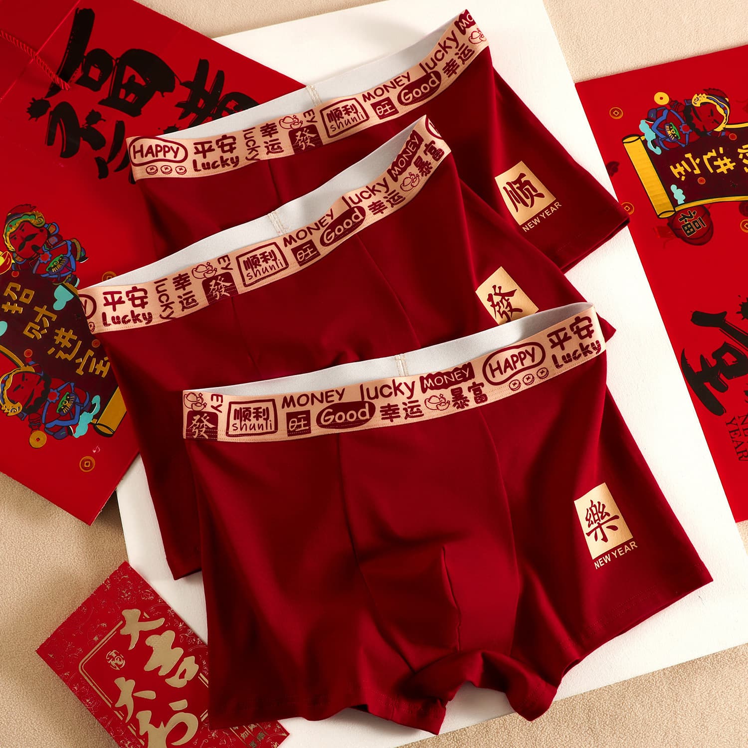 Drop shipping men's cotton underwear 2025 zodiac year red breathable boxer briefs trendy festive men's boxers
