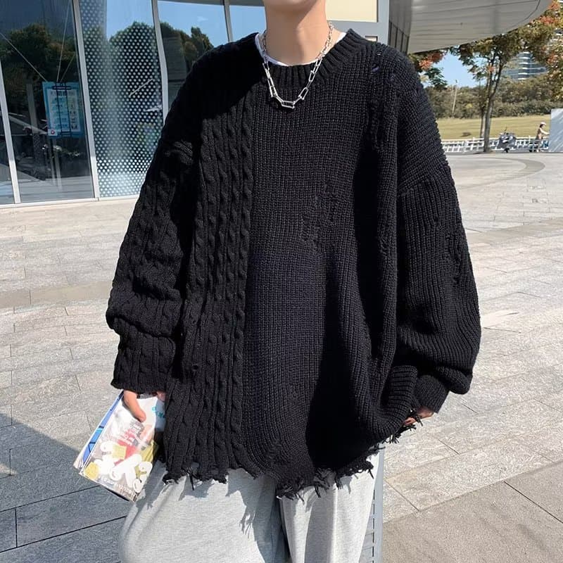 American High Street Ripped Sweater Men's Autumn Trendy Solid Color Cable Knit Round Neck Knitwear Ins Fashion Pullover