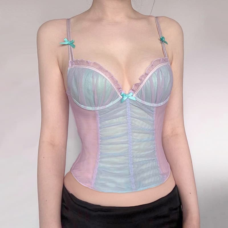 Sheer Mesh Contrast Bow Camisole Top for Women, V-Neck Push-Up Cute Layering or Outerwear Top