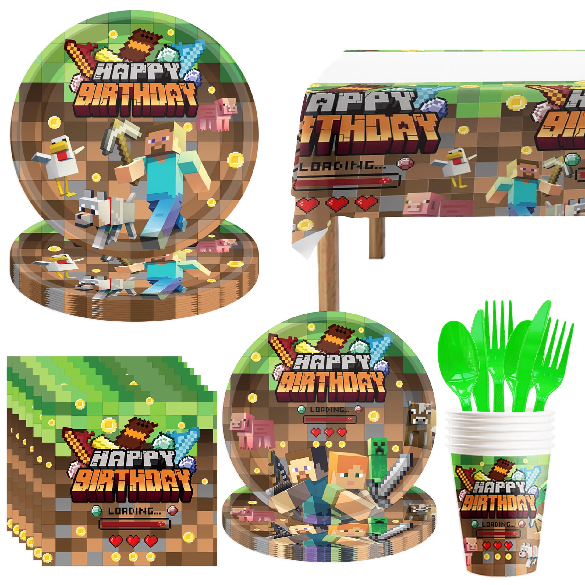 Cross-Border Minecraft Pixel Style Theme Tableware Birthday Event Party Disposable Tableware Paper Plate Cup Set
