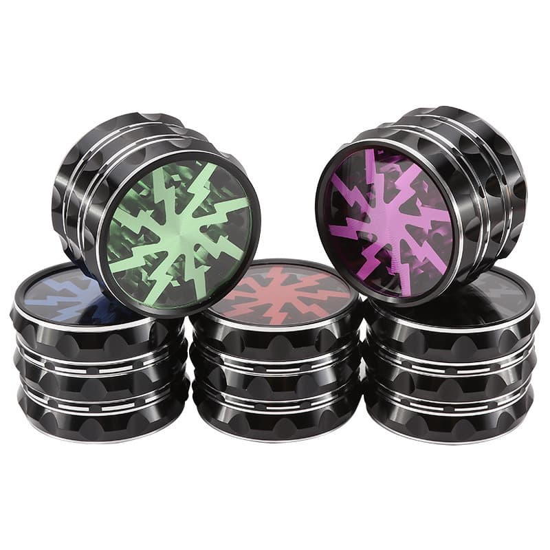 63mm diameter aluminum alloy grinder, four-layer flat lightning smoke grinder, transparent top cover, chamfered window, pointed pattern