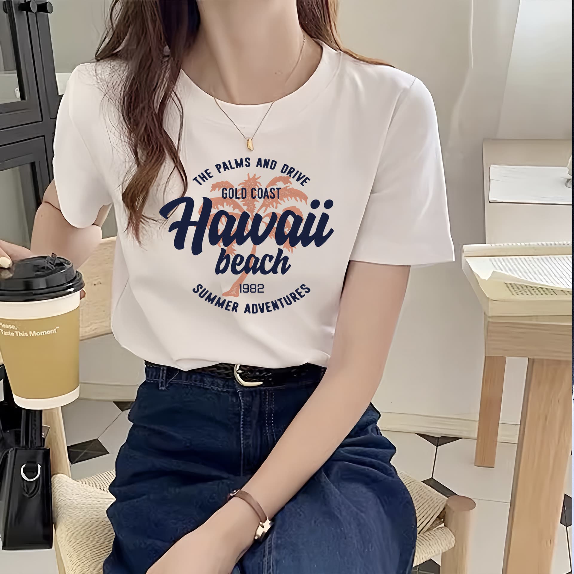 National style pure cotton short-sleeved t-shirt for women 2024 summer trend ins women's casual loose versatile top one piece dropshipping