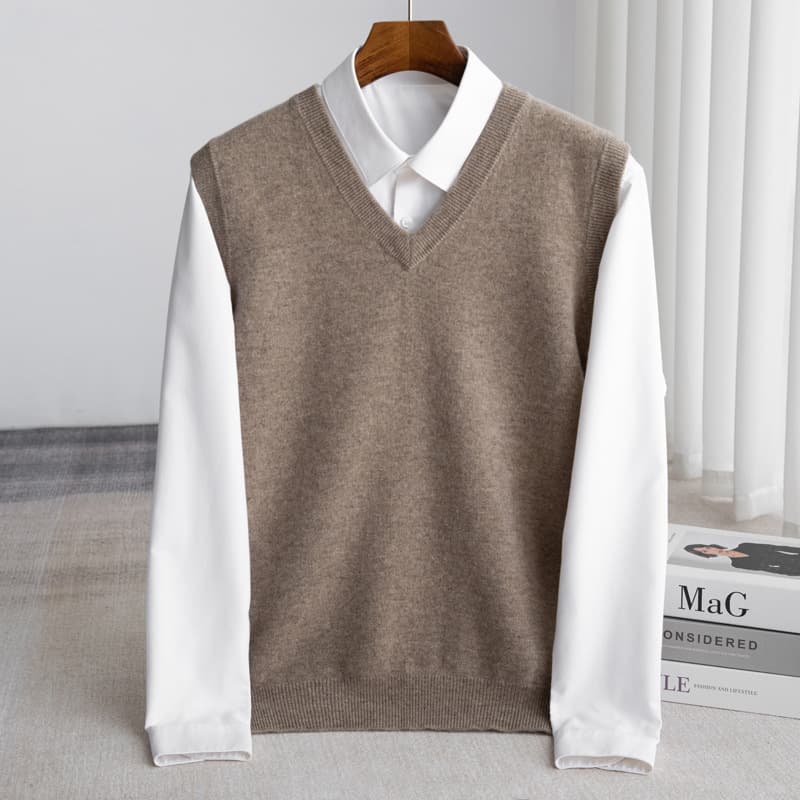 100% Australian Merino Pure Wool V-Neck Vest Men's Loose Large Size Sleeveless Cashmere Layering Vest Drop Shipping