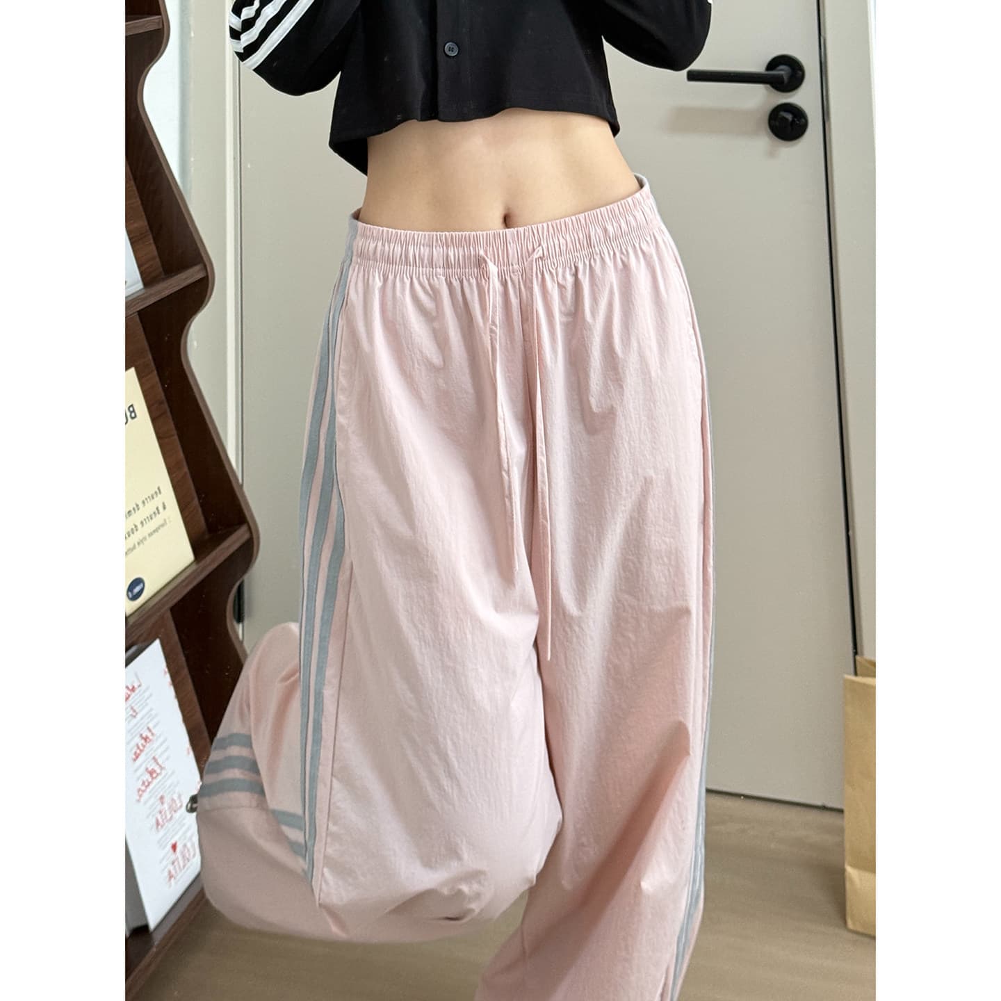 New high-waist slim sports pants wide-leg pants for women 2026 summer thin quick-drying three-bar striped sweatpants for small people
