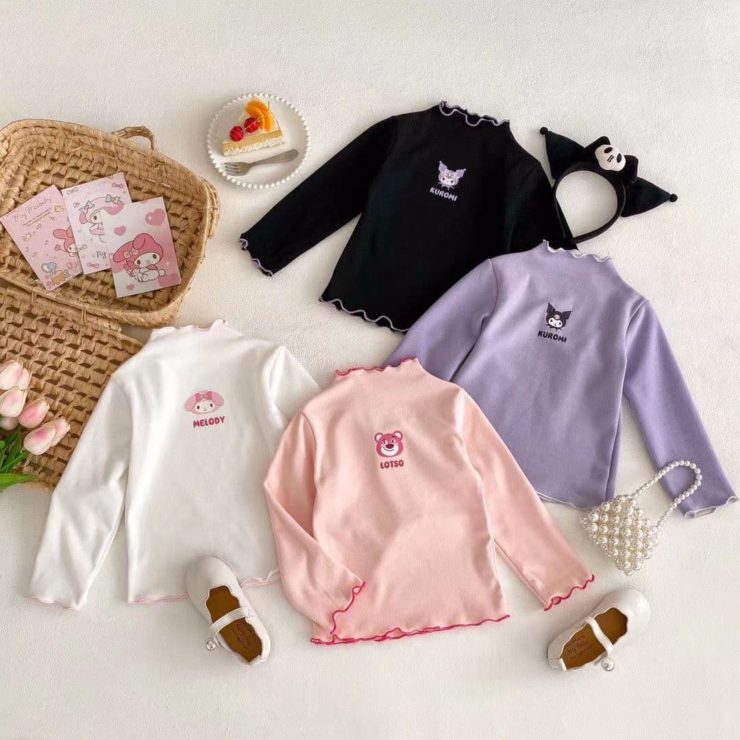 Girls' Cartoon High Neck Warm Base Layer T-Shirt, Spring and Autumn Style, Long Sleeve T-Shirt, Children's Ruffled Edge Baby Top, Princess
