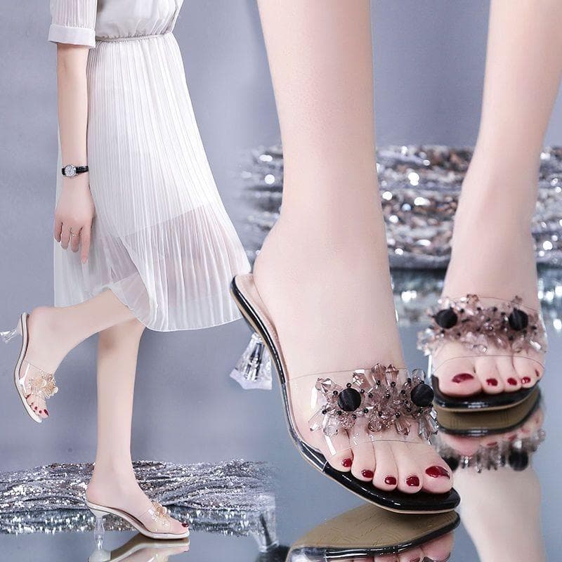 Transparent Slippers Women Rhinestone 2024 Summer New Open-Toe Mid-Heel Sandals Crystal Wine Glass Heel Sexy One-Strap Slippers