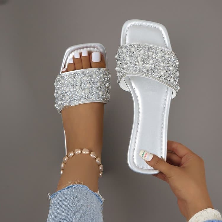 French sequined fairy shoes flat flip flops for going out black 2025 summer slippers versatile flat flip flops