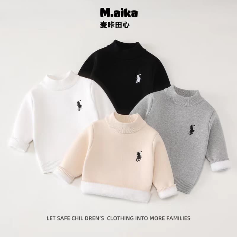 Kids Knitted Sweater Autumn Winter Fleece-Lined Thick Knit Pullover High Neck Baby Wool Sweater 601