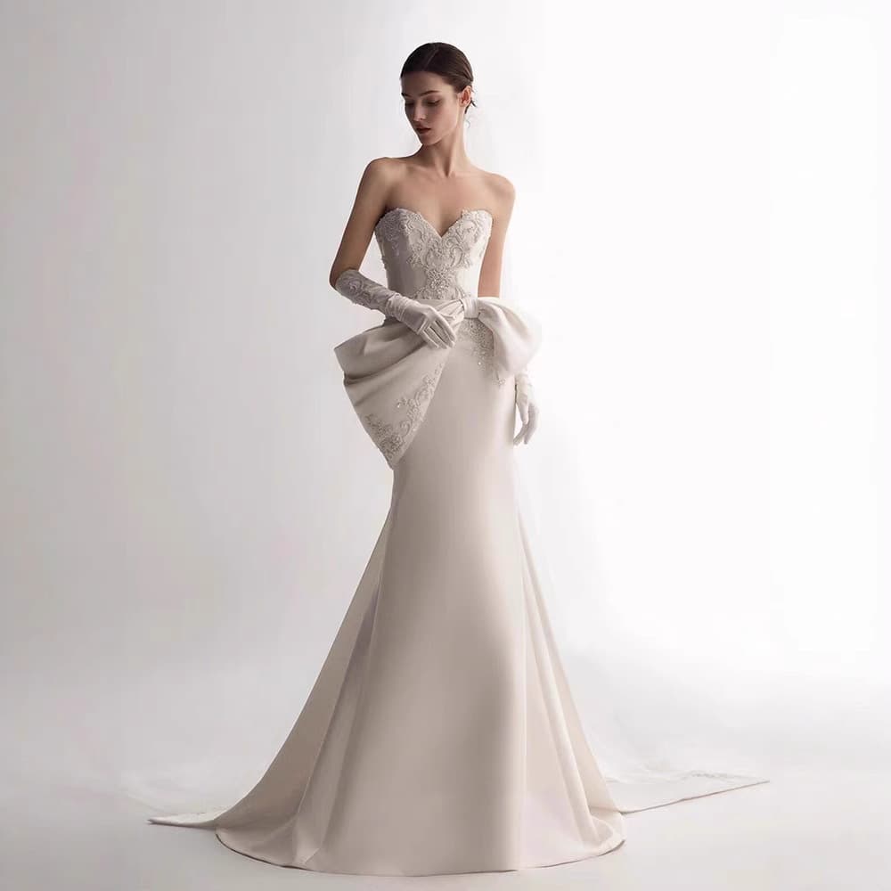 Wedding Dress French Vintage Heavy Satin Wedding Gown Bride Main Dress High-End Going-Away Dress Engagement Fish Tail