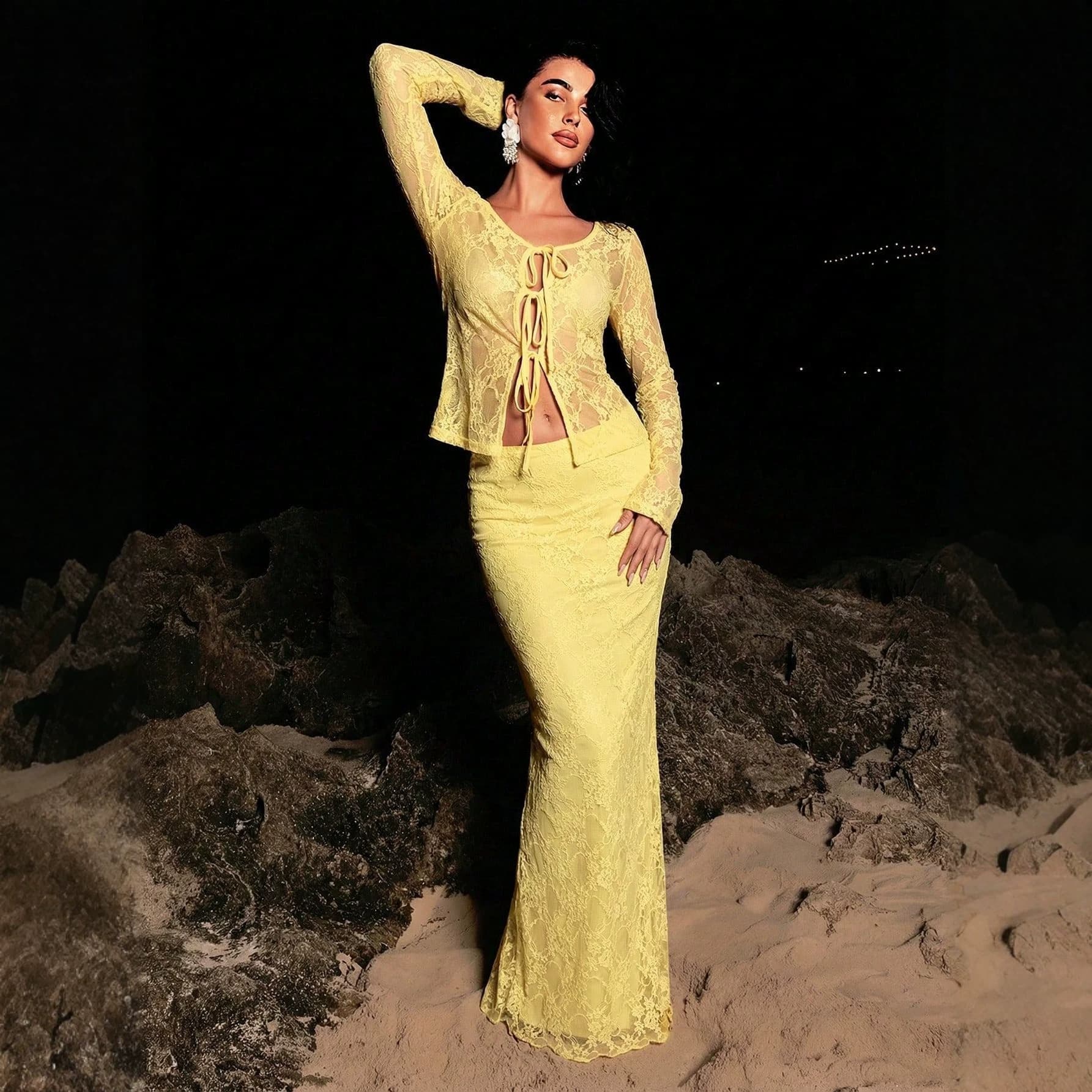 European and American ins style lace two-piece set, see-through strappy waist long-sleeved top, slim long fishtail skirt for vacation women